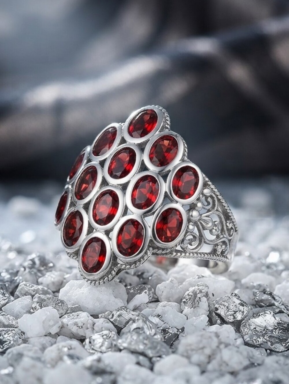 Mozambique Garnet Cluster Sterling Silver Ring 6.25 CTW Size 9